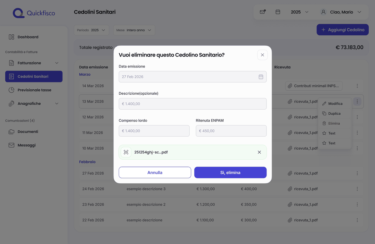 Conferma eliminazione di un Cedolino Sanitario su web app