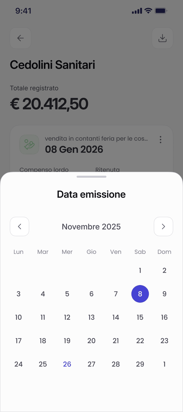 Selezione della data di emissione su app mobile