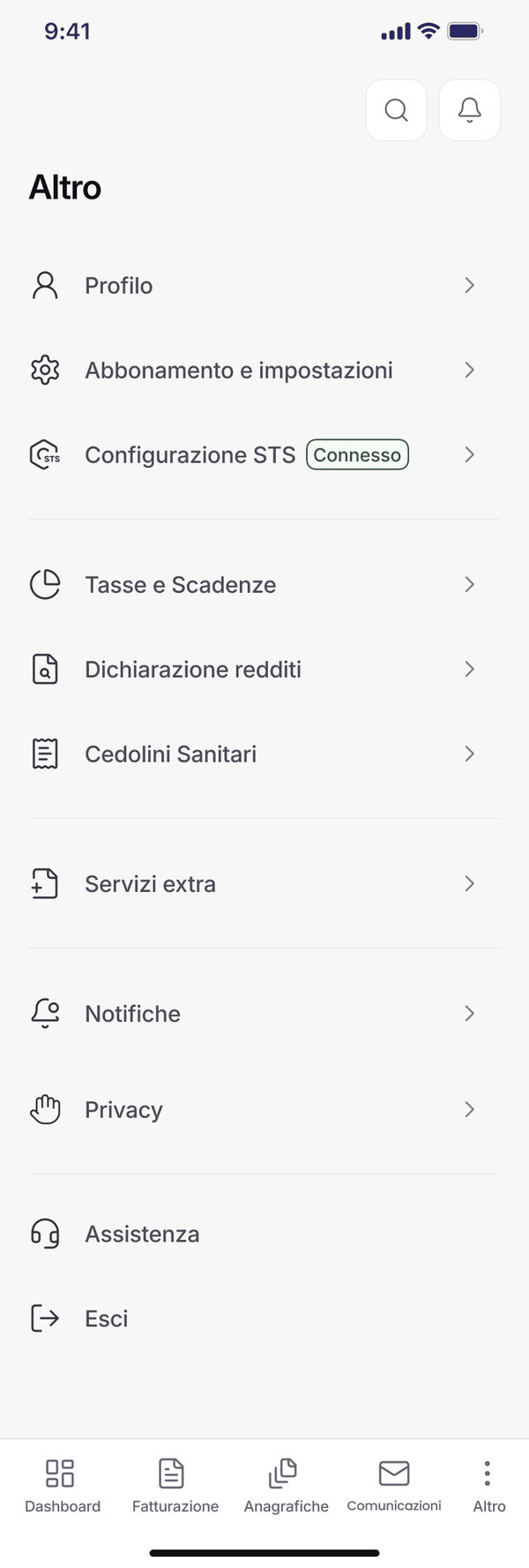 Menu Altro sull'app mobile con la voce Cedolini Sanitari