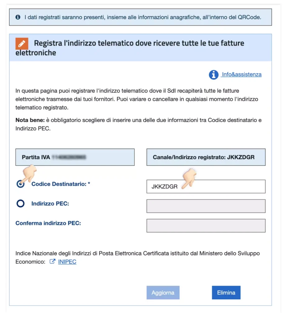 Registrare codice sdi su quickfisco