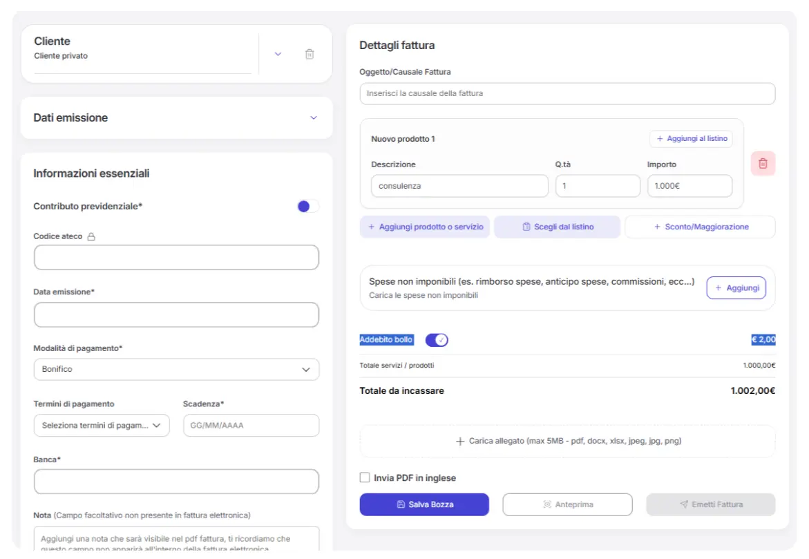 esempio fattura piattaforma Quickfisco