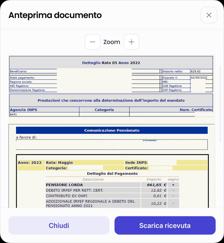 Anteprima della ricevuta allegata a un cedolino