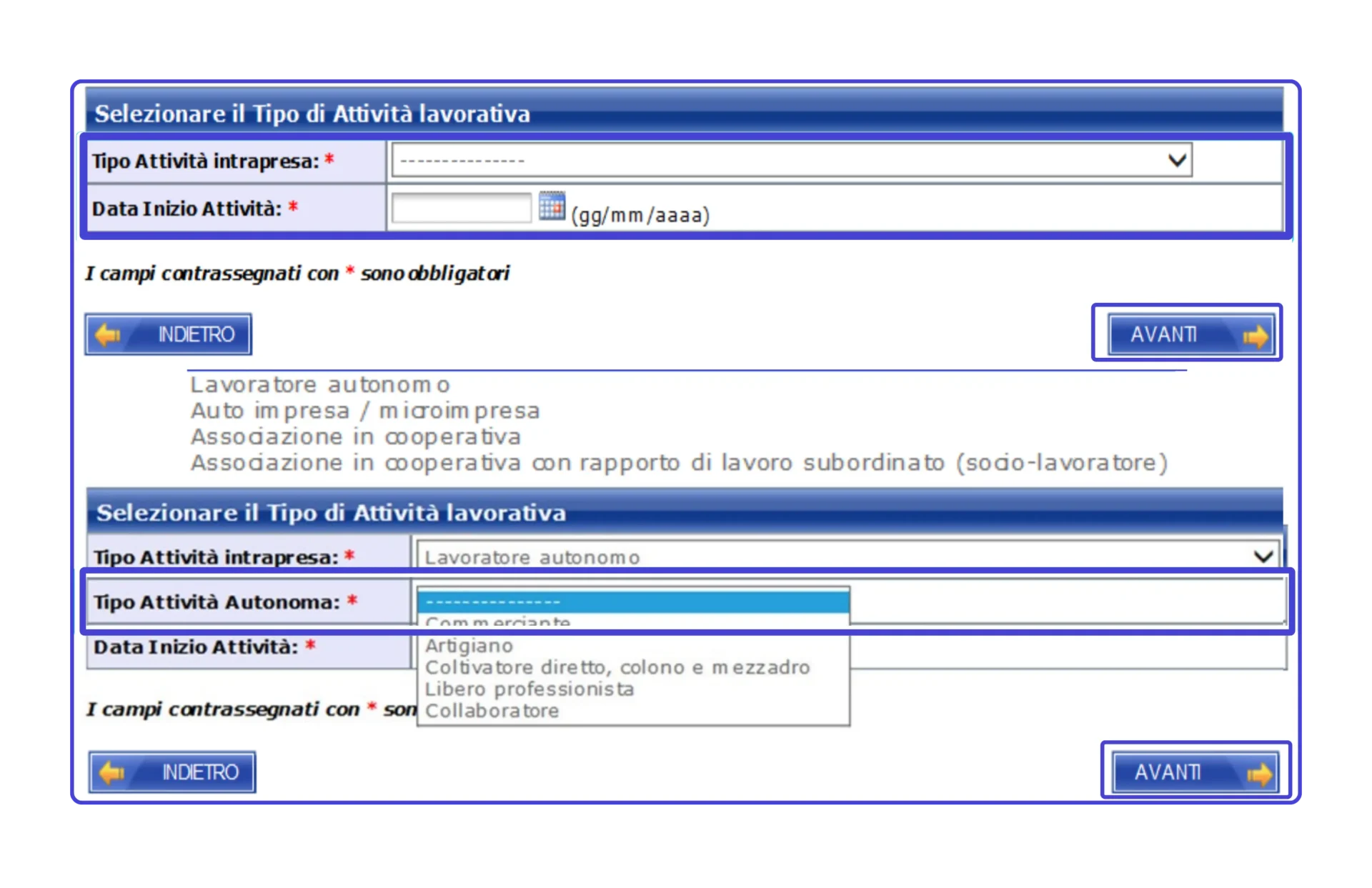 naspi anticipata, scelta tipo di attività e inserimento data di inizio